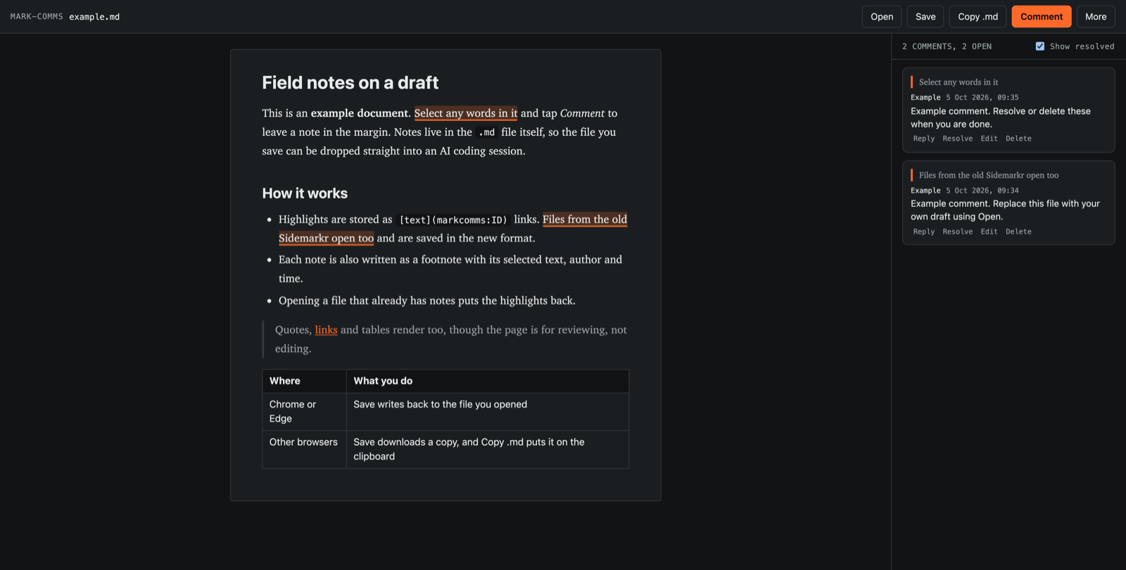 mark-comms showing a markdown draft with two highlighted phrases and a comment rail on the right