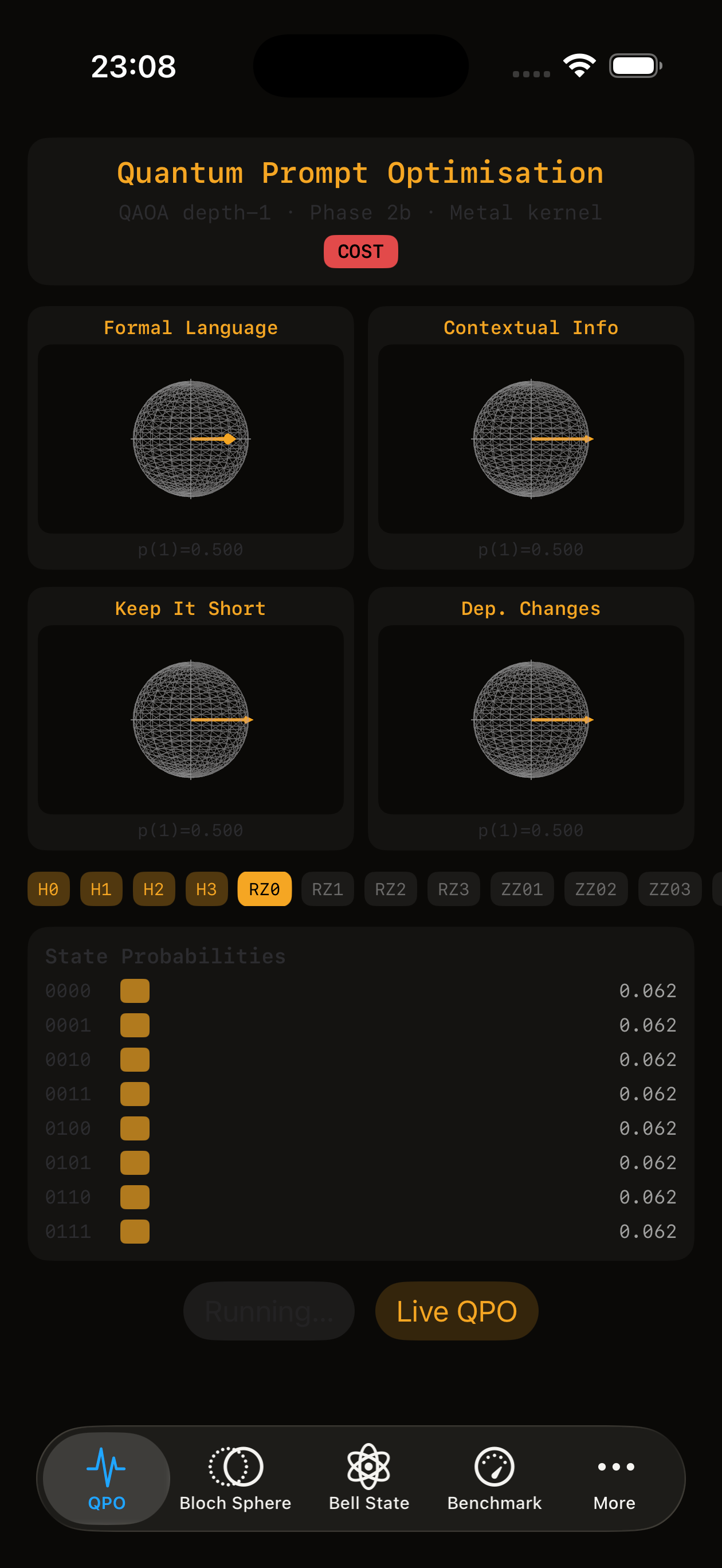 Quantum Edge QPO tab on iPhone Air — live QAOA circuit with four Bloch spheres for Formal Language, Contextual Info, Keep It Short, and Dep. Changes, plus a state-probability chart